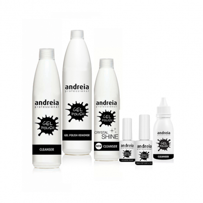Produtos de unhas Andreia Professional com rótulos brancos e texto preto.