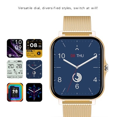 Relógio inteligente dourado com vários mostradores digitais e analógicos