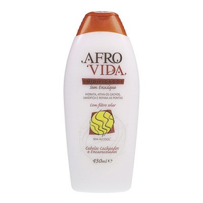 Frasco de plástico branco com tampa laranja do umidificador Afro Vida para cabelos cacheados