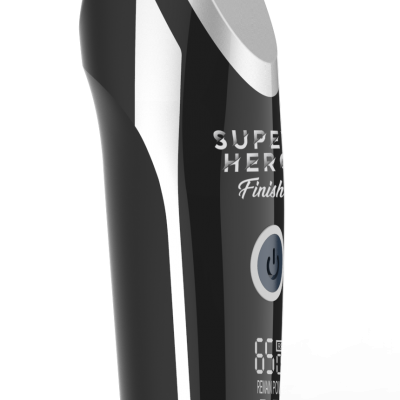 Aparador de cabelo preto e prata com visor digital e botão azul