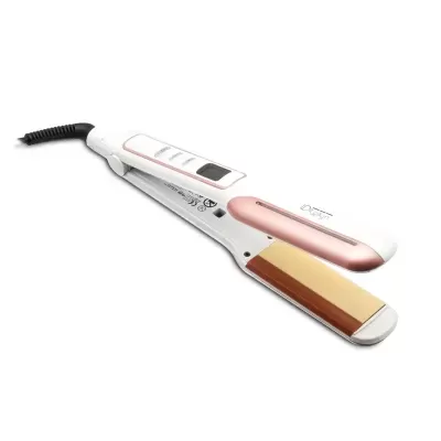 Prancha alisadora de cabelo branca e rosa com placas douradas e visor