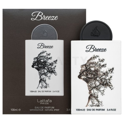 Frasco e embalagem de perfume Breeze com ilustração de perfil feminino em galhos