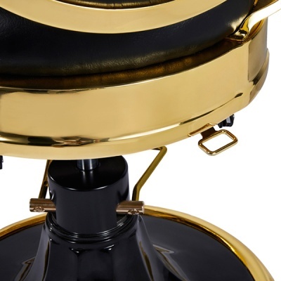 Banco giratório em couro preto com estrutura metálica dourada e base preta brilhante