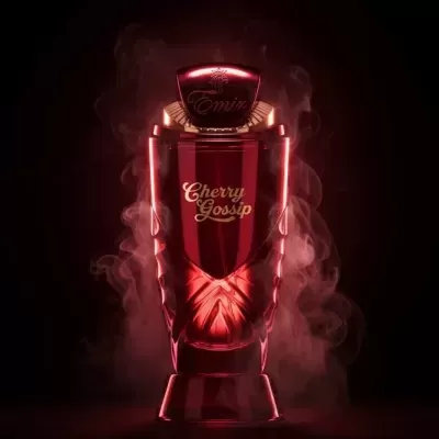 Frasco de perfume vermelho com texto dourado e tampa com a palavra Emir