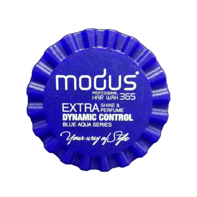 Tampa azul de cera para cabelo Modus 365 com texto branco