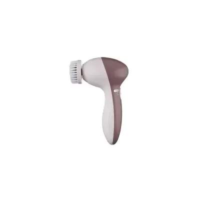 Escova de limpeza facial eléctrica com cerdas brancas e corpo branco e cinzento