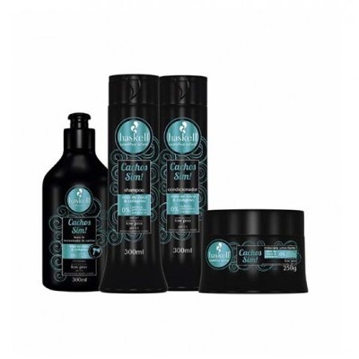 Conjunto de produtos para cabelo Haskell Cachos Sim! em frascos e pote pretos com etiquetas azuis e pretas