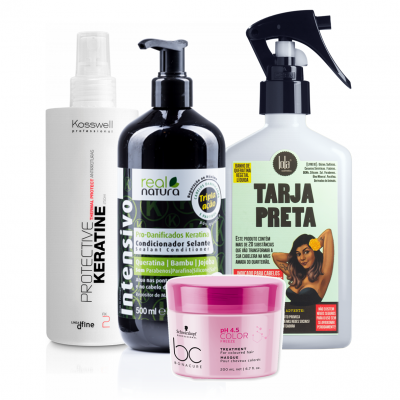 Produtos para cabelo incluindo spray, condicionador, spray com gatilho e máscara em pote