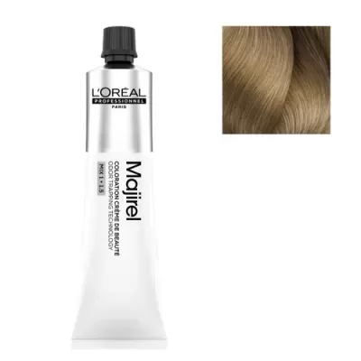Tubo de tinta de cabelo LOréal Majirel e amostra da cor loiro dourado