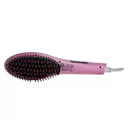Escova alisadora elétrica cor-de-rosa com cerdas pretas e pontas vermelhas