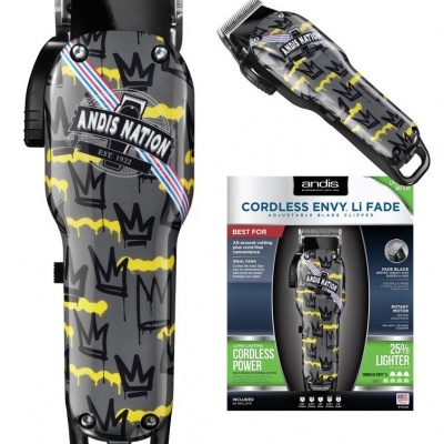 Máquina de cortar cabelo Andis Nation com padrão de coroas e embalagem da Andis CORDLESS ENVY LI FADE