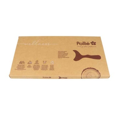 Caixa castanha com texto e gráficos de madeira e flor