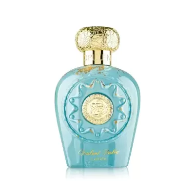 Frasco de perfume azul com detalhes dourados e texto Opulent Tubéreuse