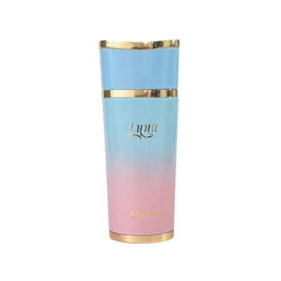 Frasco de perfume azul e rosa com detalhes dourados