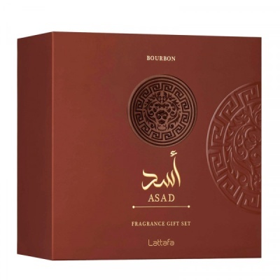 Caixa de presente Lattafa ASAD Bourbon castanha com relevo e texto dourado