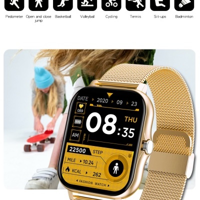 Relógio inteligente dourado com ecrã digital e bracelete metálica