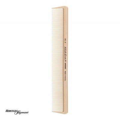 Pente bege com dentes finos e texto preto sobre fundo branco.