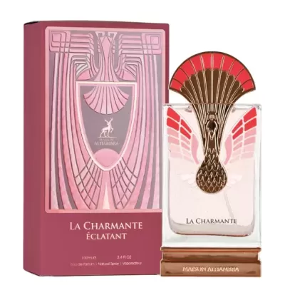 Perfume LA CHARMANTE ÉCLATANT MAISON ALHAMBRA com frasco e caixa rosa e dourado