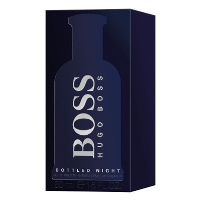 Caixa de perfume Hugo Boss Bottled Night azul escuro com texto branco e prata