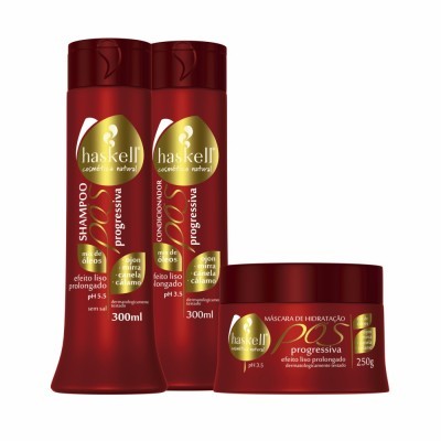Produtos Haskell shampoo, condicionador e máscara vermelha para cabelo com texto em português