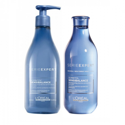 Duas embalagens azuis translúcidas do shampoo L'Oréal Série Expert Sensibalance