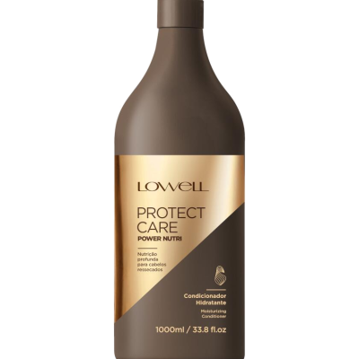Frasco de condicionador hidratante Lowell Protect Care em plástico marrom com rótulo dourado e preto
