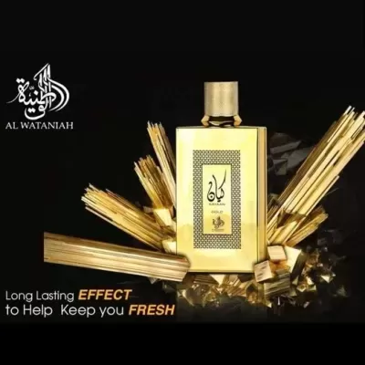 Frasco dourado de perfume KAYAN GOLD com fundo preto e texto promocional