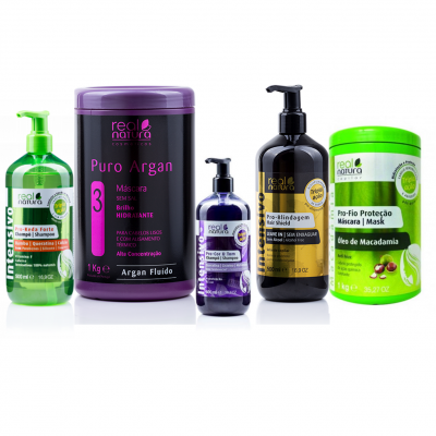 Cinco produtos de beleza real natura em vários frascos coloridos com dispensadores e tampas.