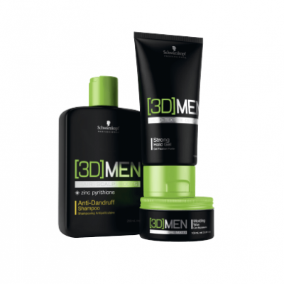 Produtos para cabelo masculinos Schwarzkopf 3D MEN em embalagens pretas com tampa verde