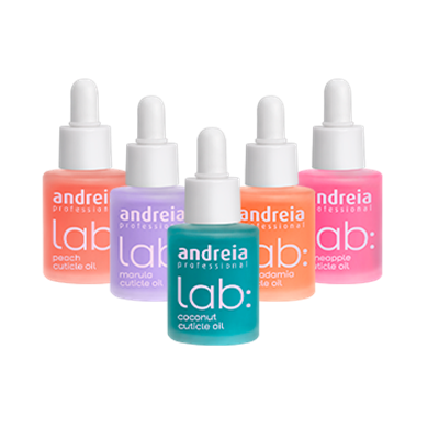 Cinco frascos coloridos de óleo para cutículas Andreia Professional Lab com conta-gotas