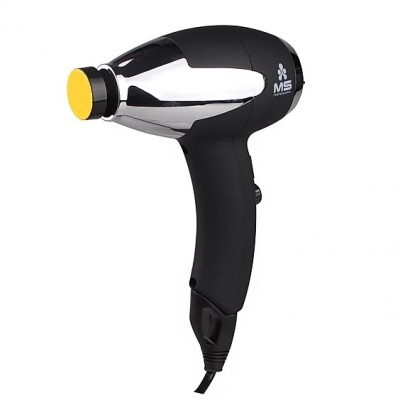 Secador de cabelo preto e prata com bocal amarelo e marca MS