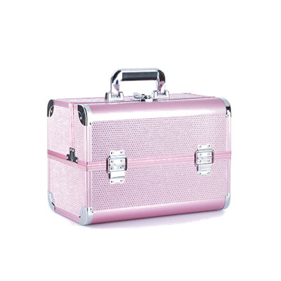 Mala de maquilhagem rosa com cantos metálicos e alça preta