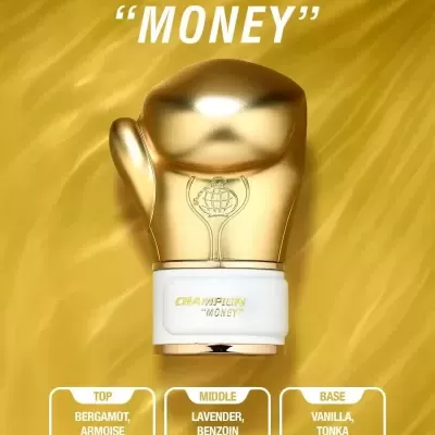 Frasco de perfume em forma de luva de boxe dourada com base branca e texto explicativo sobre notas olfativas.