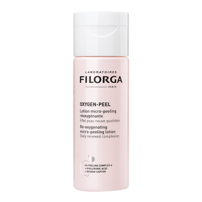 Frasco plástico rosa claro com tampa branca do produto FILORGA Oxygen-Peel com texto em francês e inglês