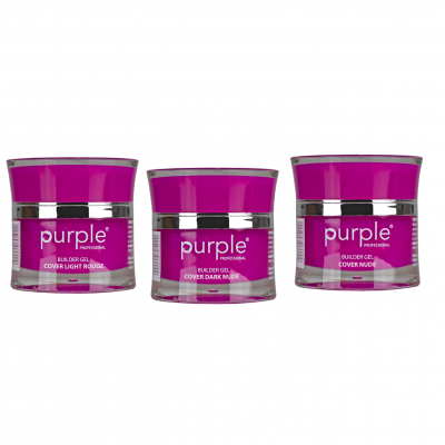Três frascos de gel construtor de unhas Purple Professional em cores claras e nude, com tampas roxas.