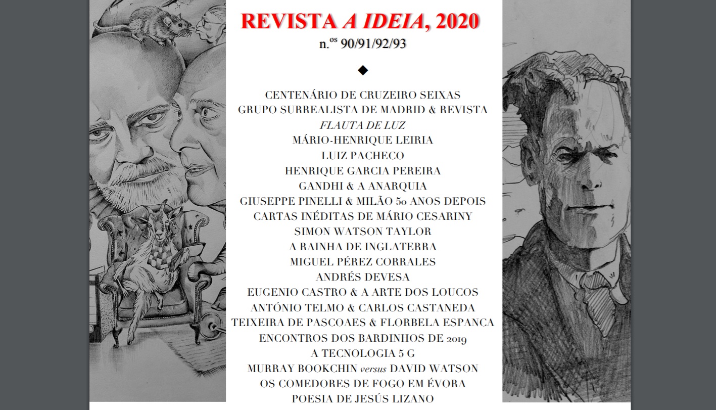 Revista IDEIA 90/91/92/93 Capa da revista A Ideia 2020 com texto central e desenhos a lápis de rostos humanos à esquerda e direita