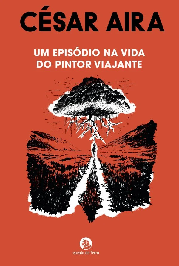 Um Episódio na Vida do Pintor Viajante Capa de livro laranja com título, subtítulo, ilustração em preto e branco de estrada, nuvem e logo