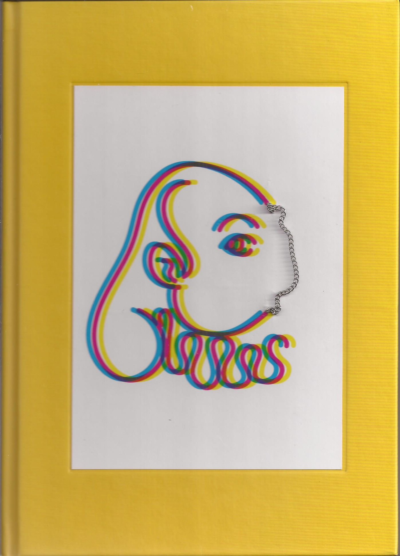 O Diário de William Shakespeare quadro com moldura amarela e pintura minimalista de rosto colorido em linhas com corrente metálica prateada