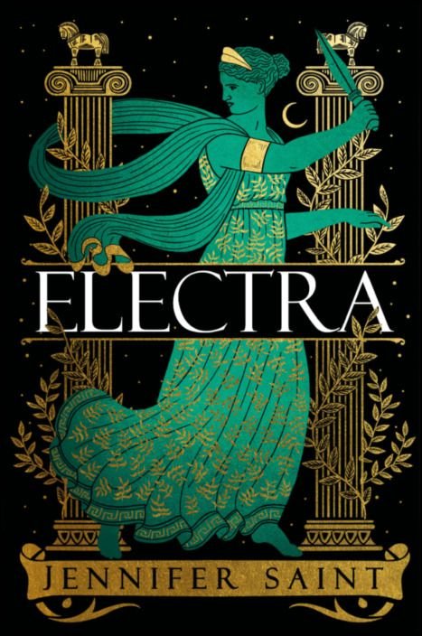 Electra Capa de livro Electra de Jennifer Saint com figura feminina e colunas