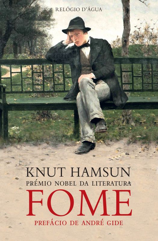 Fome Capa de livro com pintura de homem sentado num banco de jardim, título FOME em destaque