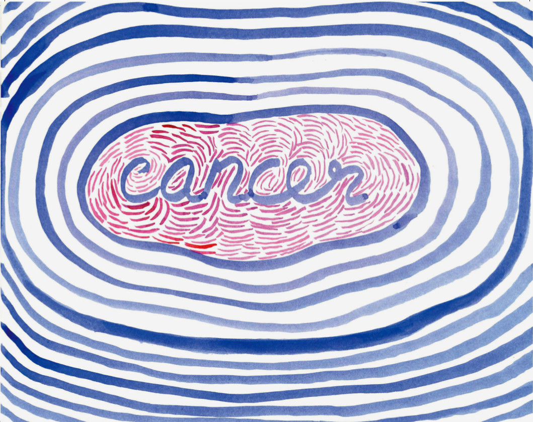 Cancer Ilustração com a palavra 'Cancer' cercada por linhas azuis onduladas