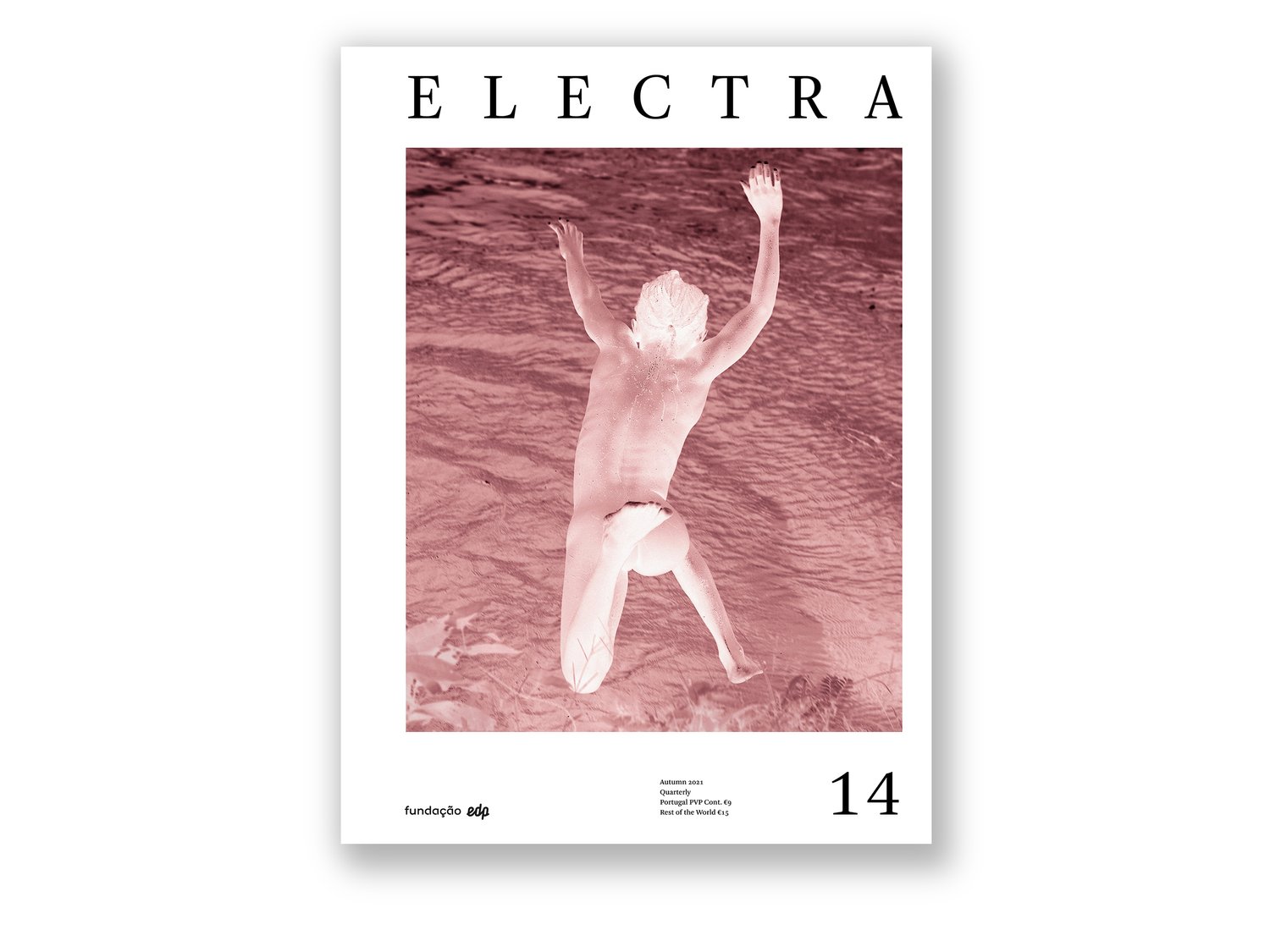 Electra 14 / On Contemporary Art Cartaz com imagem em tons de rosa e branco de pessoa pulando para a água
