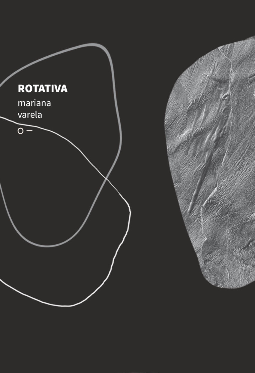 Rotativa Design abstrato em fundo preto com textura cinza e texto ROTATIVA mariana varela O –