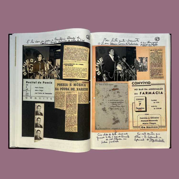 Mário Viegas – Auto-photo biografia (não autorizada) Página aberta de álbum com recortes de jornais e convites culturais antigos