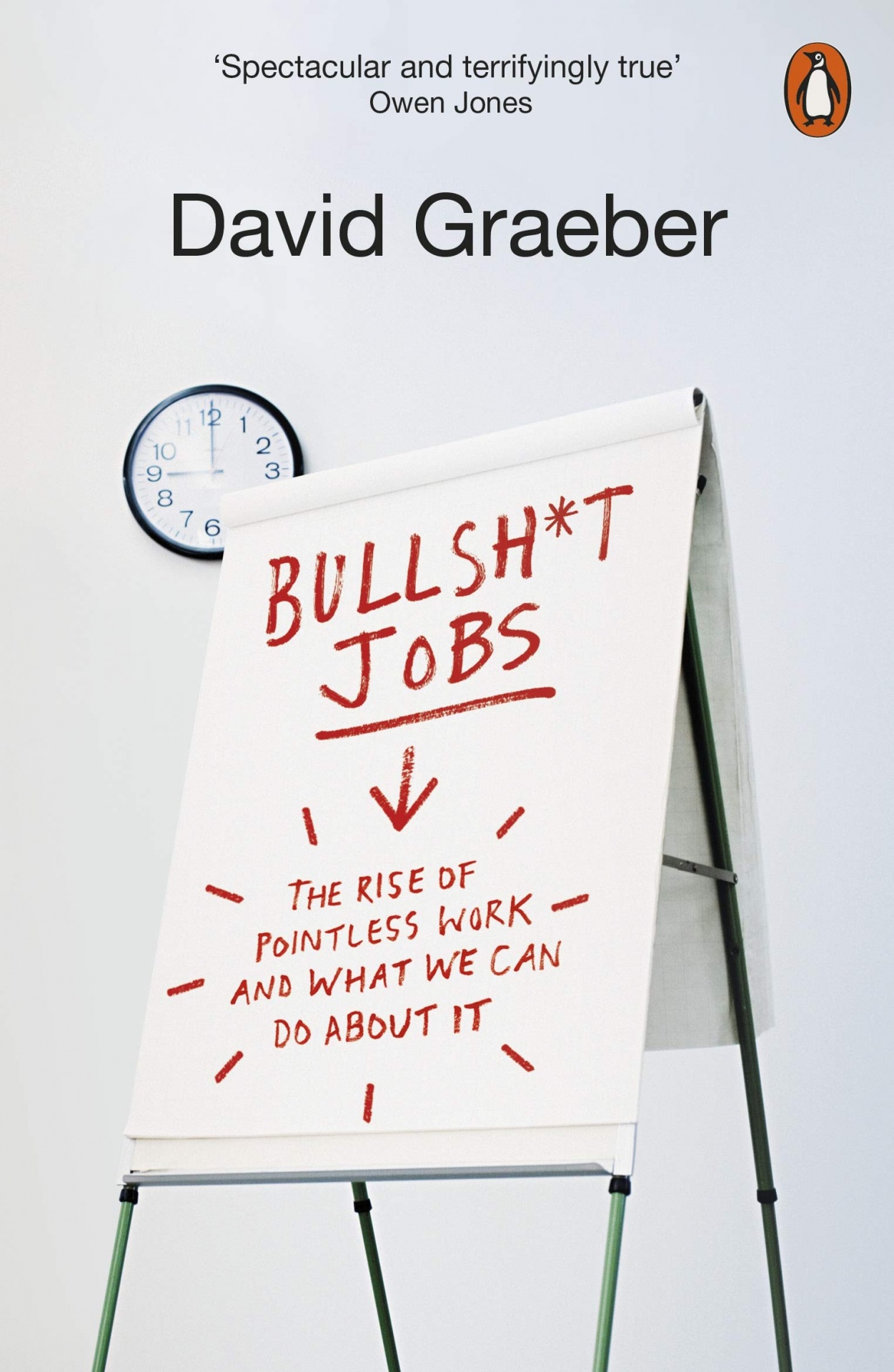 Bullshit Jobs: The Rise of Pointless Work, and What We Can Do About It Capa de livro com cavalete branco, texto vermelho e relógio de parede