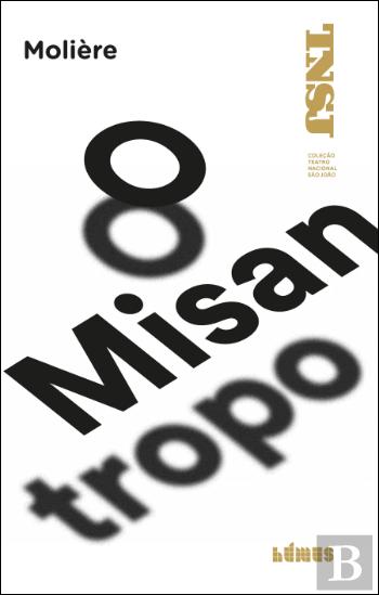 O Misantropo Capa de livro com texto em preto e dourado num fundo branco