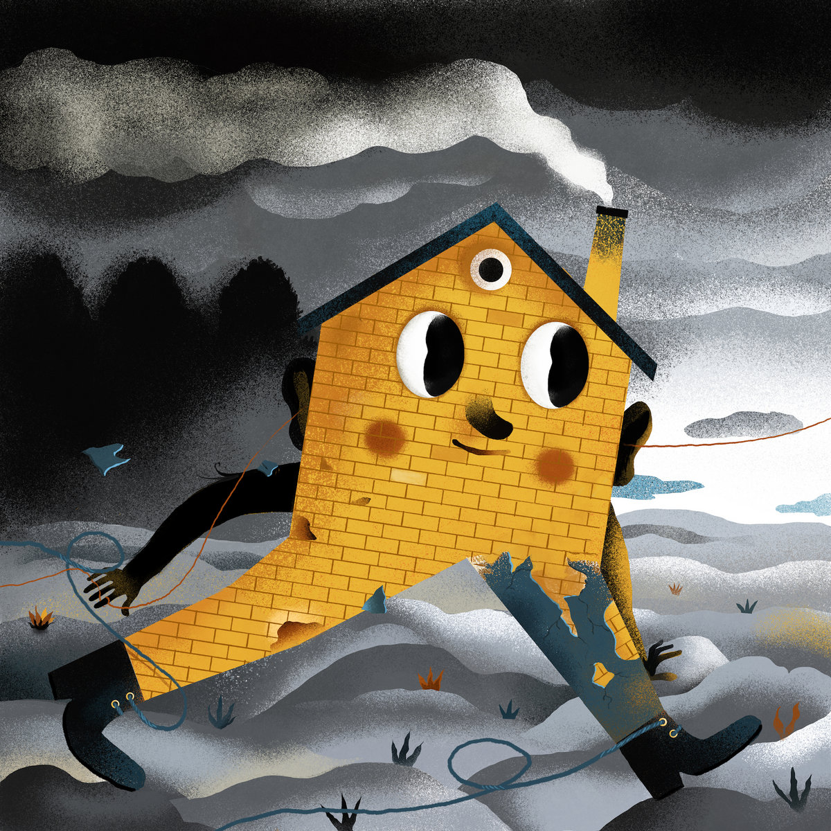 As casas: Romarigães e Outras Histórias Casa amarela com traços humanos caminhando em cenário cinzento com fumo.