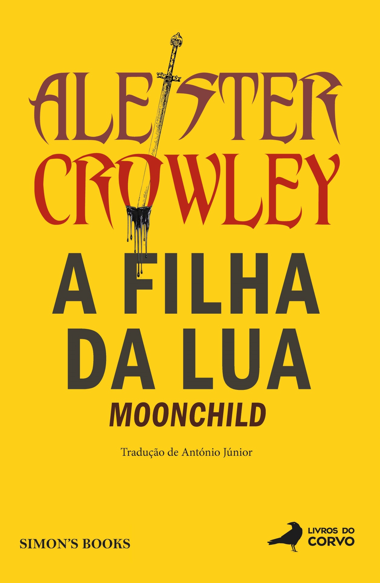 Moonchild - A Filha da Lua Capa amarela de livro A FILHA DA LUA MOONCHILD de Aleister Crowley com espada e tinta preta