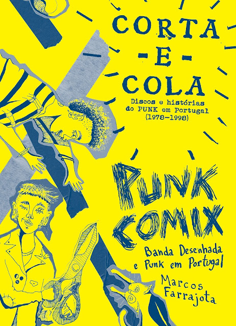 Corta-e-Cola / Punk Comix Capa amarela de livro com texto azul e ilustrações de personagens e tesouras