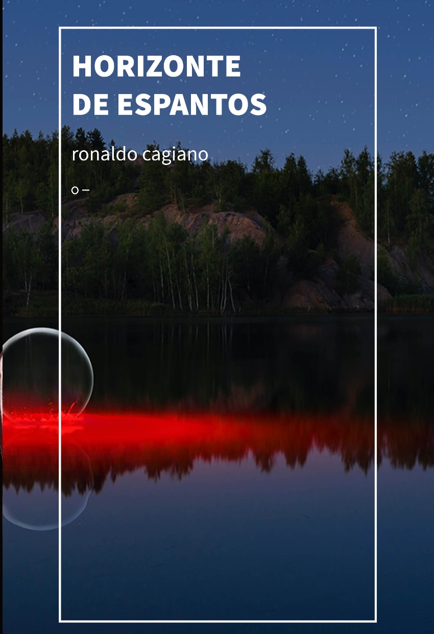 Horizonte de espantos Capa de livro com paisagem noturna de floresta e lago com linha vermelha brilhante e texto branco